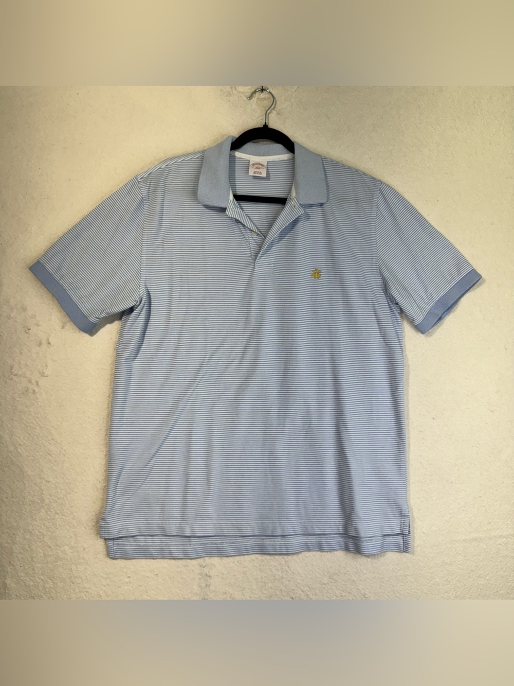 Brooks Brothers White Polo Light Blue Striped Shirt Embroidered Gold Logo Large